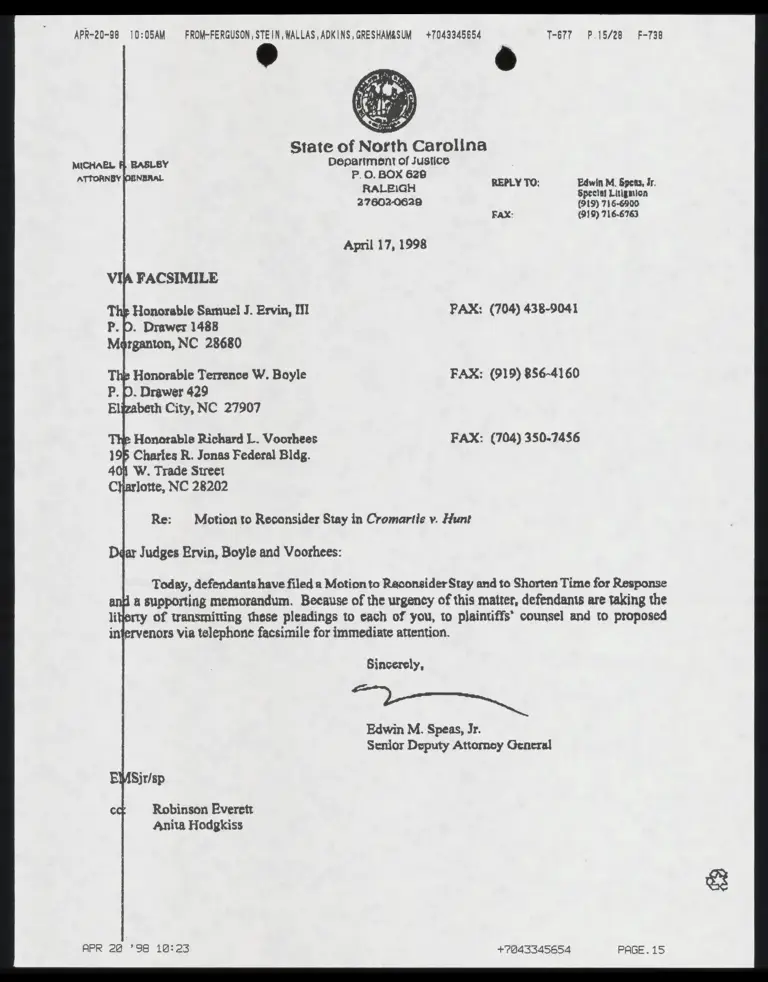 Correspondence from Speas to Judges Ervin, Boyle, and Voorhees preview