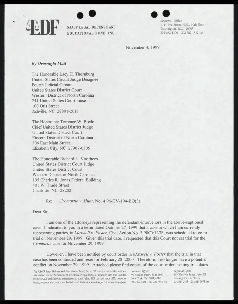 Letter to three judge panel from Cox RE: Scheduling of trial preview