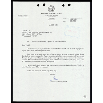 Letter to Cox from Carraway RE: Jurisdictional Statement Appendix preview