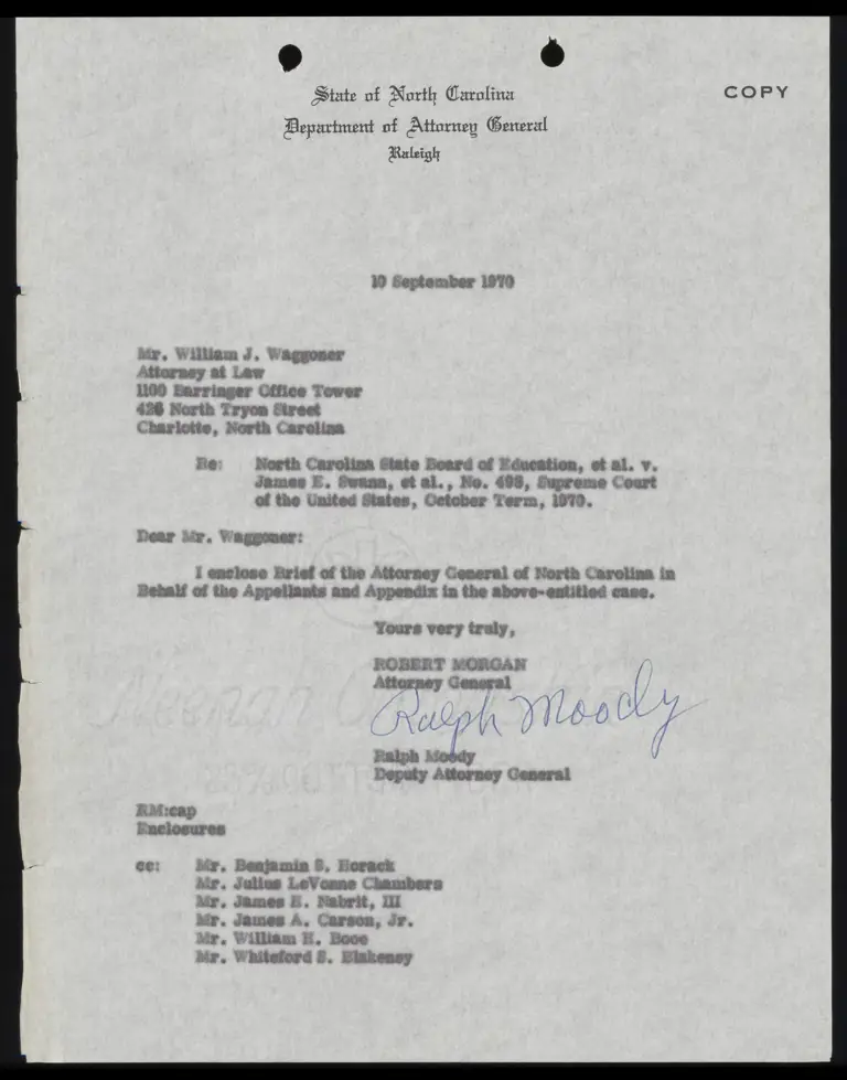 Correspondence from Moody to Waggoner Re: Brief of North Carolina Attorney General preview