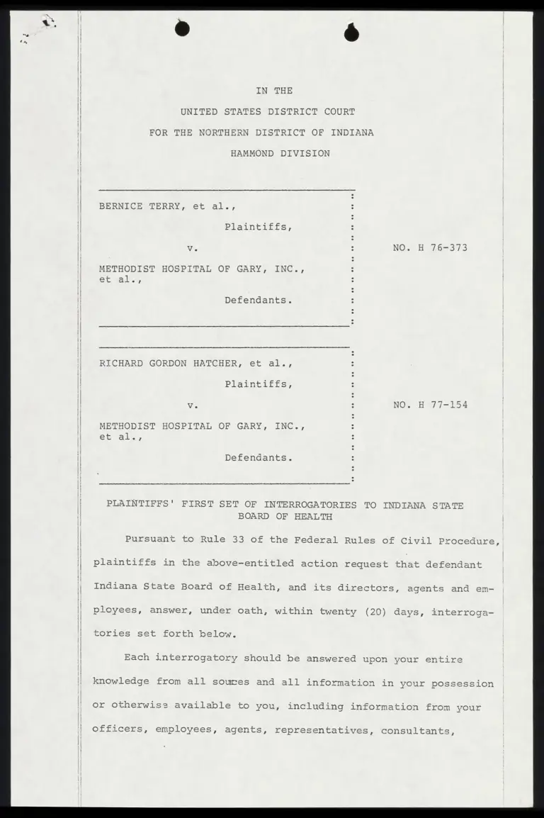 Plaintiffs' First Set of Interrogatories to Indiana State Board of Health; Motion and Notice of Motion for Expedited Discovery Schedule preview