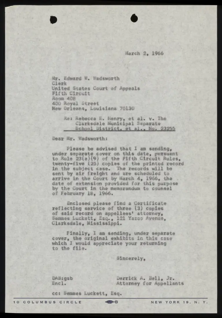 Correspondence from Bell to Clerk Re: Copies of Record preview