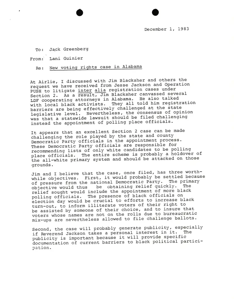 Correspondence from Lani Guinier to Jack Greenberg Re: New Voting Rights Case in Alabama preview