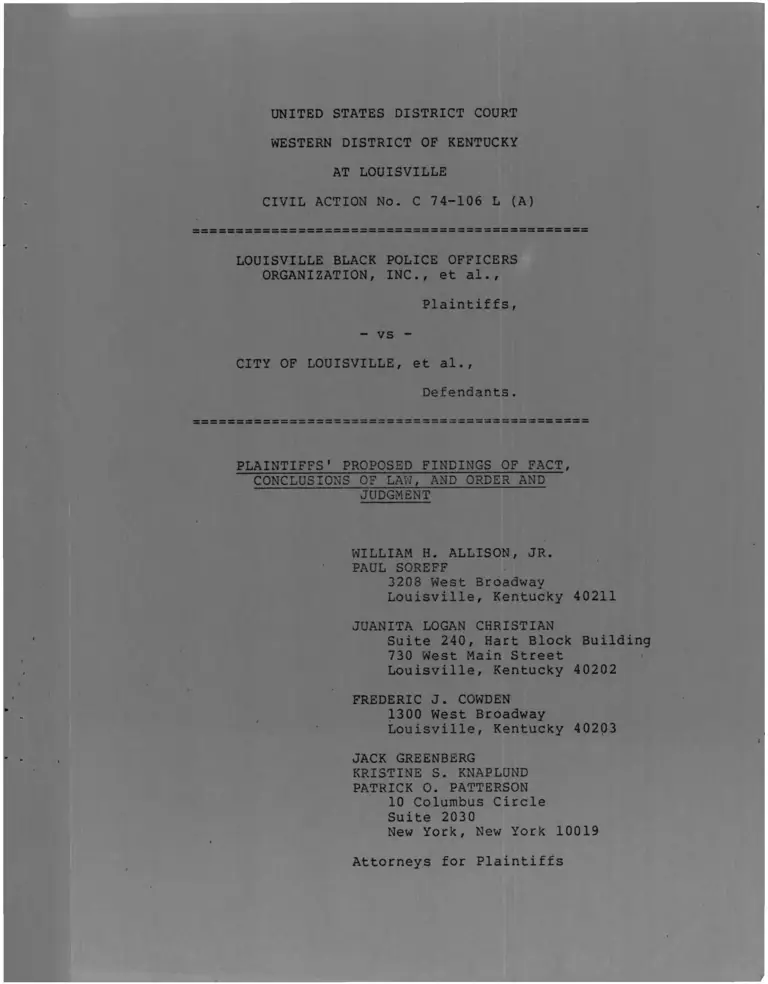 Louisville Black Police Officers Organization Inc. v. City of Louisville Brief for Plaintiffs Proposed Findings of Fact, Conclusions of Law and Order and Judgement preview
