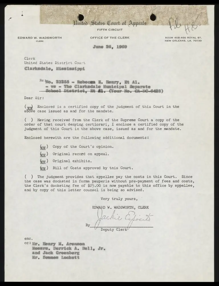 Correspondence from Clerk Wadsworth Re: Bill of Costs preview