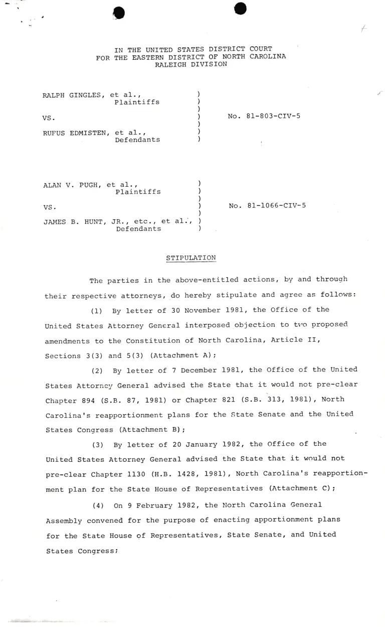 Gingles v. Edmisten and Pugh v. Hunt Stipulation preview