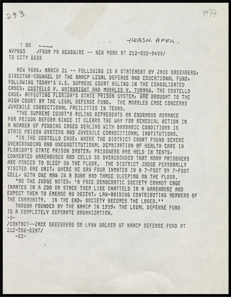 Greenberg Statement on Costello v. Wainwright and Morales v. Turman; Greenberg Statement on United Jewish Organizations of Williamsburg v. Carey preview