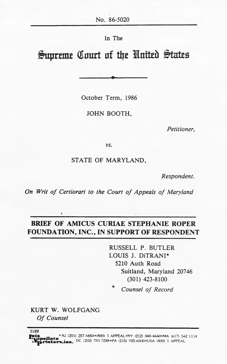 Booth v. Maryland Brief of Amicus Curiae Stephanie Roper Foundation in Support of Respondent preview