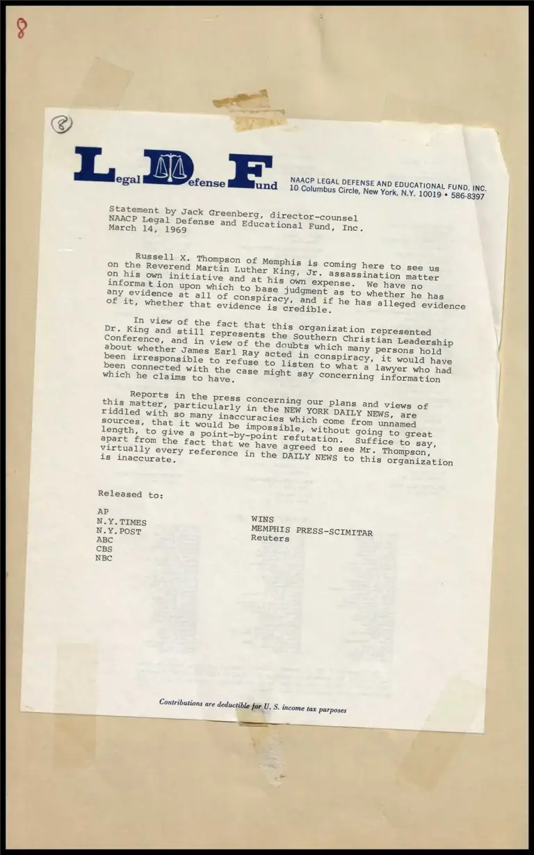 Greenberg Statement on Russel X. Thompson Visit Regarding King Assassination preview