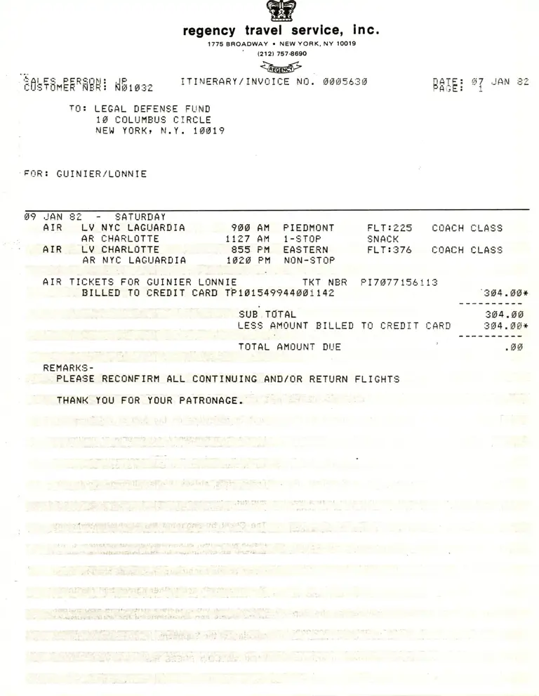 Itinerary Invoice for Guinier Plane Tickets preview