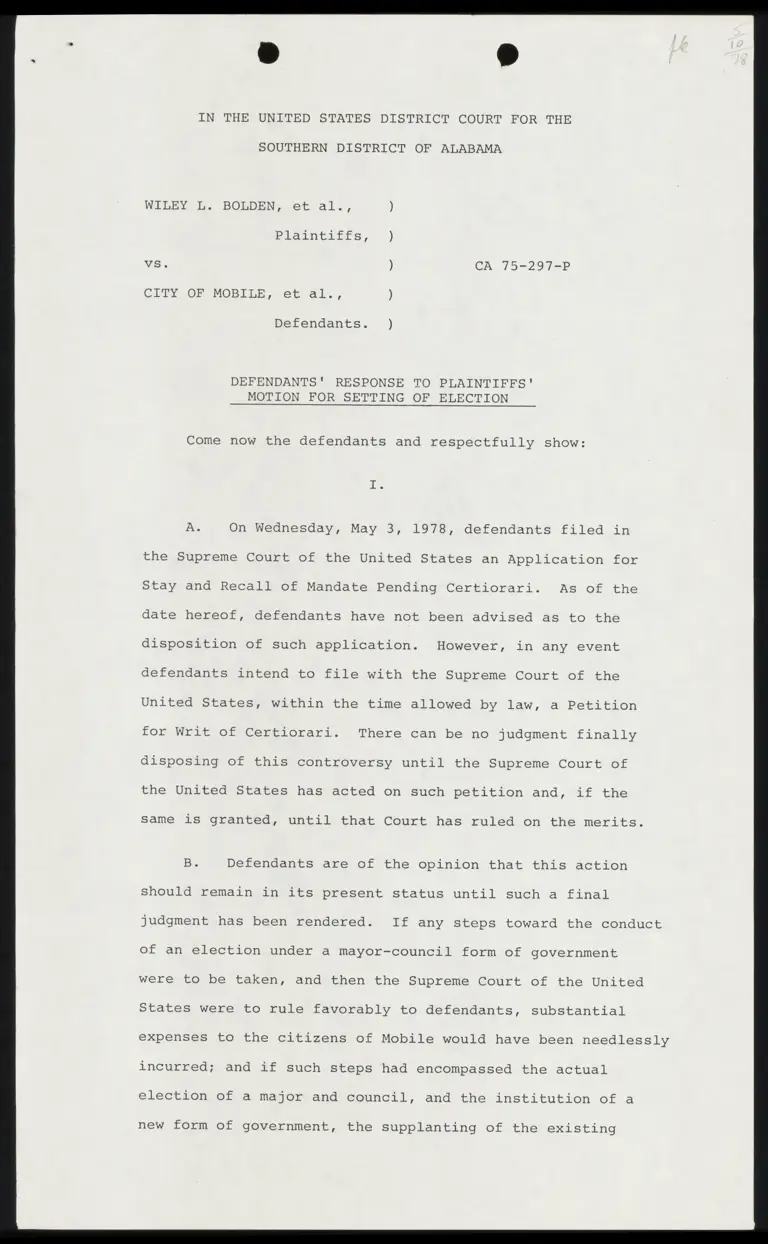 Defendants' Response to Plaintiffs' Motion for Setting of Election preview
