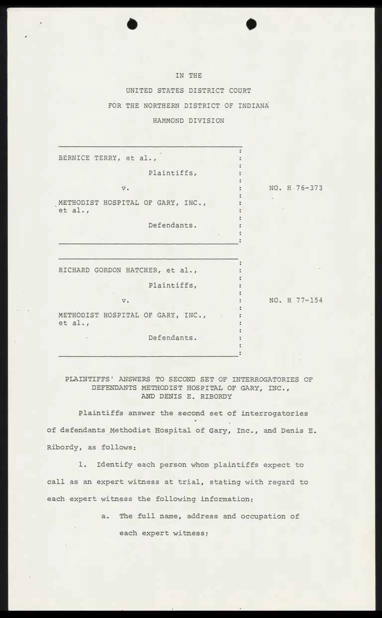 Plaintiffs' Answer to Second Set of Interrogatories of Defendants Methodist Hospital of Gary, Inc., and Denis E. Ribordy preview