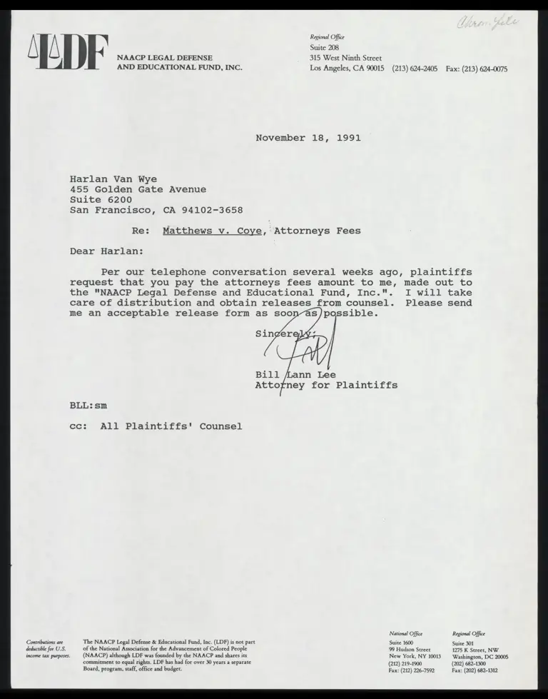Correspondence from Lee to Van Wye preview
