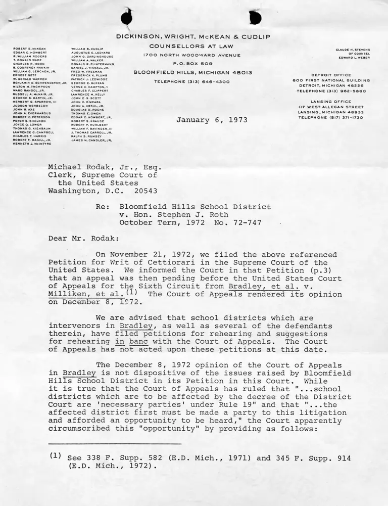 Letter from Opposing Counsel to Supreme Court RE: Petition for Writ of Cettiorari preview