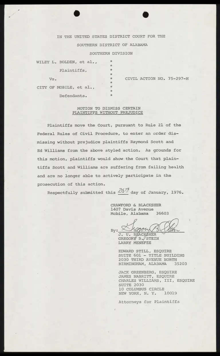 Motion to Dismiss Certain Plaintiffs Without Prejudice (Scott and Williams) preview