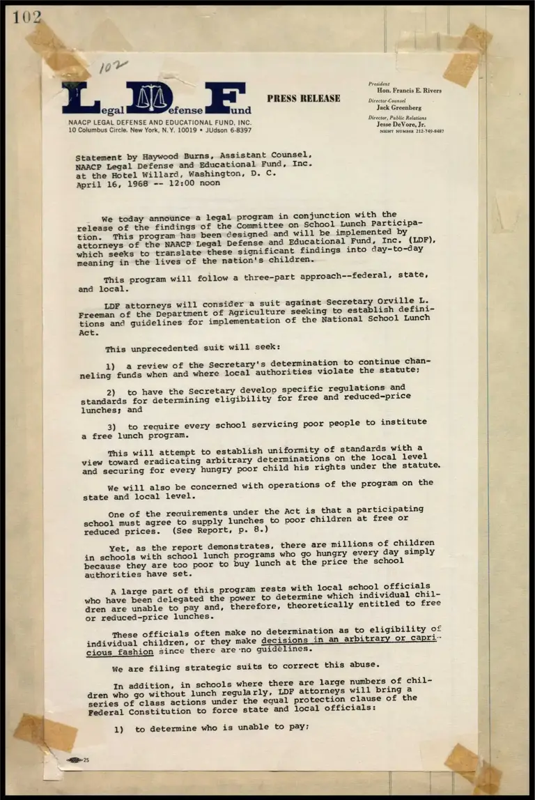 Burns Statement on School Lunch Program; Greenberg Statement on LDF to Challenge Racial Designations in Southern Newspaper Advertisements preview