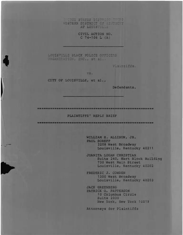 Louisville Black Police Officers Organization Inc. v. City of Louisville Plaintiffs' Reply Brief preview