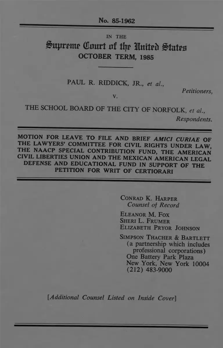 Riddick v The School Board of the City of Norfolk Brief Amici Curiae preview