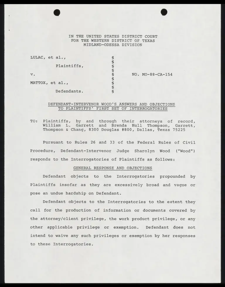 Defendant-Intervenor Wood's Answers and Objections to Plaintiffs' First Set of Interrogatories; Wood's Response to First Request for Production preview