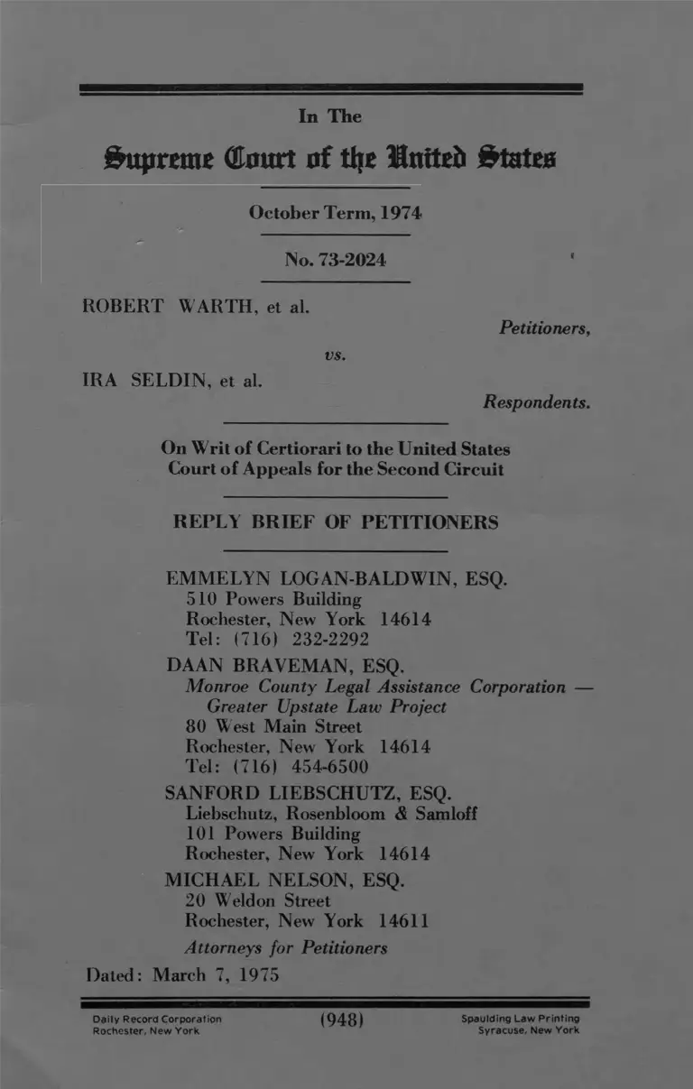 Warth v. Selden Reply Brief for Petitioners preview