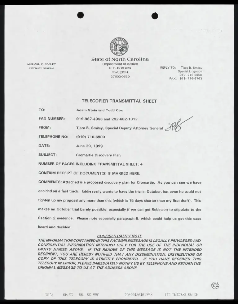 Fax From Smiley to Cox and Stein RE: Proposed Cromartie Discovery Plan preview
