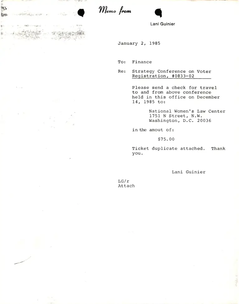 Memorandum from Lani Guinier to Finance Re: Strategy Conference on Voter Registration 1 preview