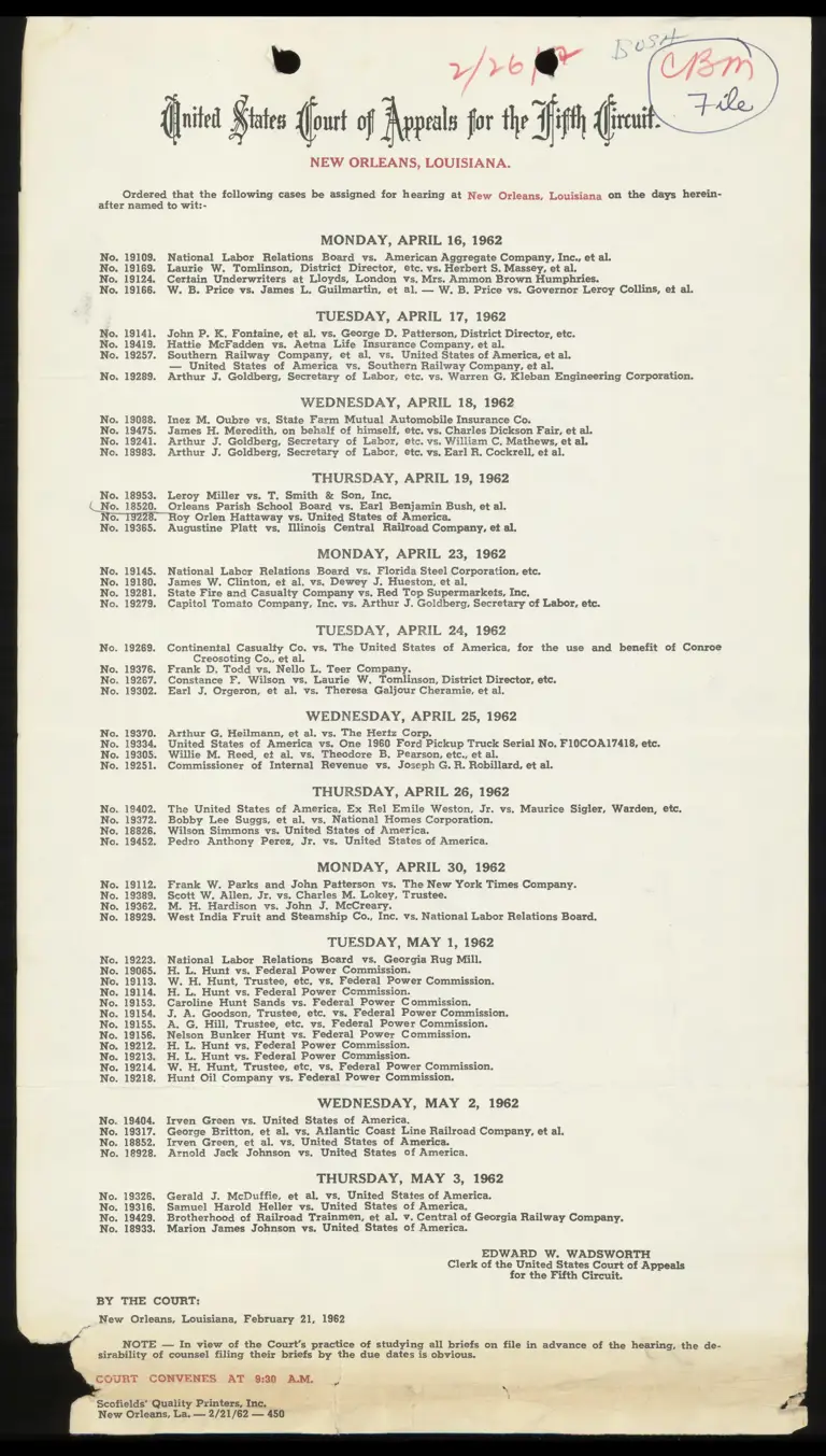 US Court of Appeals for the Fifth Circuit Docket Schedule preview