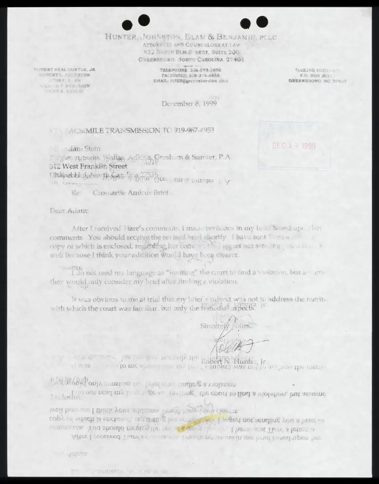 Letter to Stein from Hunter RE: Revisions to Amicus Brief preview