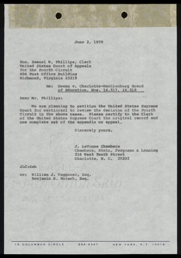 Letter from Chambers to Court RE: Filing of Petition for Certiorari with U.S. Supreme Court preview
