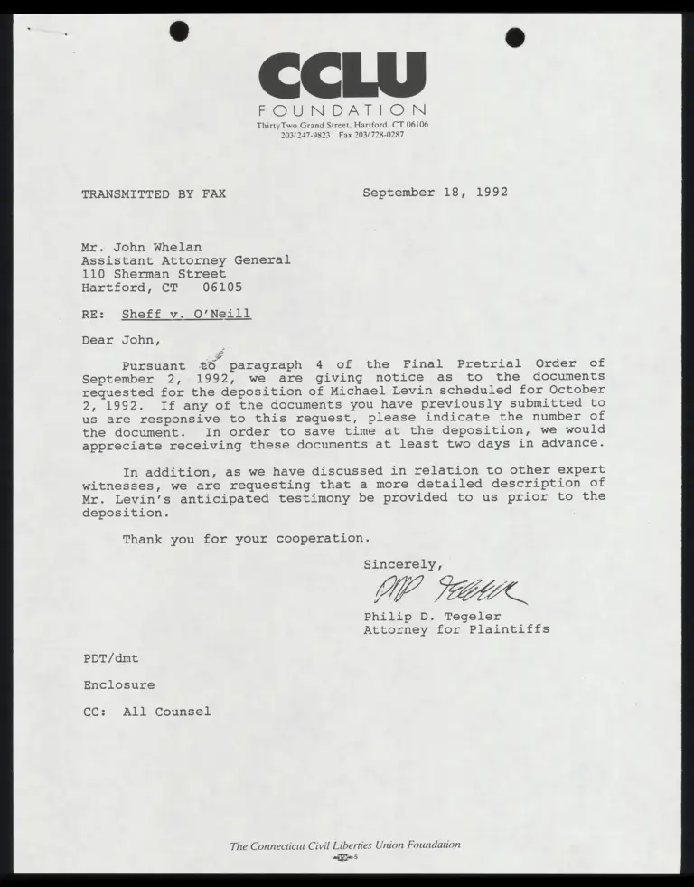 Correspondence from Tegeler to Whelan; Deposition Subpoenas of Levin and Ferrandino; Correspondence from Stone to Whelan preview
