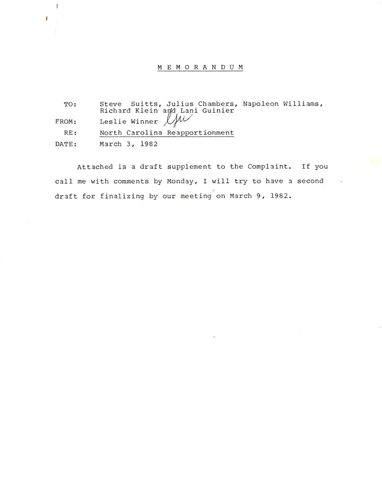 Memorandum from Winner to Suitts, Chambers, Williams, Klein, and Guinier; from Quigley to Williams; from Henderson to Quigley; from Henderson to Kwan preview