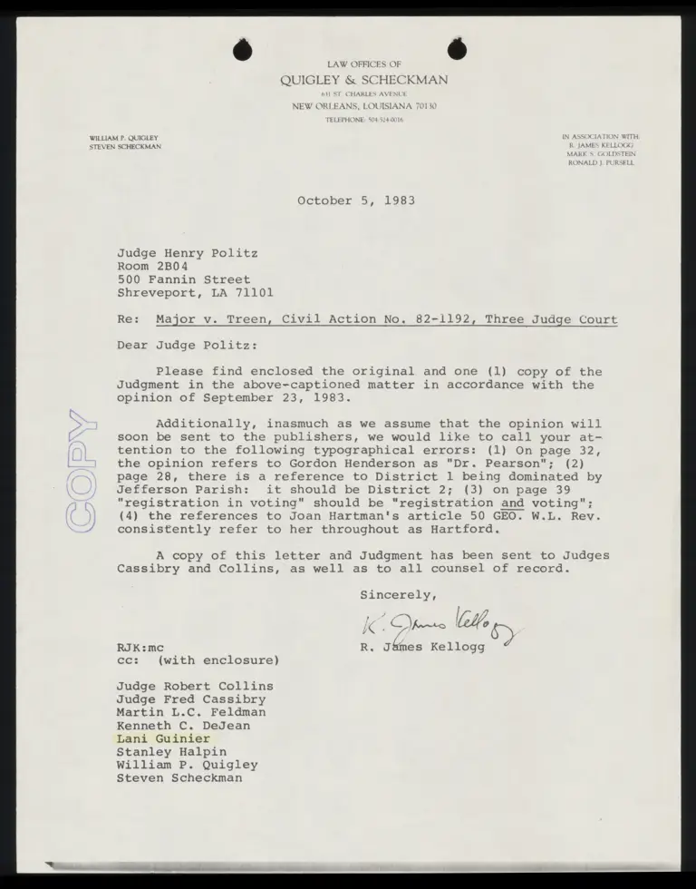 Correspondence from Kellogg to Politz (Judge); Judgment on Decision by the Court preview