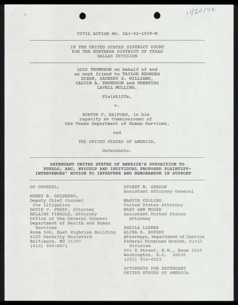 Defendant USA’s Opposition to PUEBLO, ABC, NYYCELP and Individual Proposed Plaintiffs' Motion to Intervene and Memo in Support with Certificate of Service preview