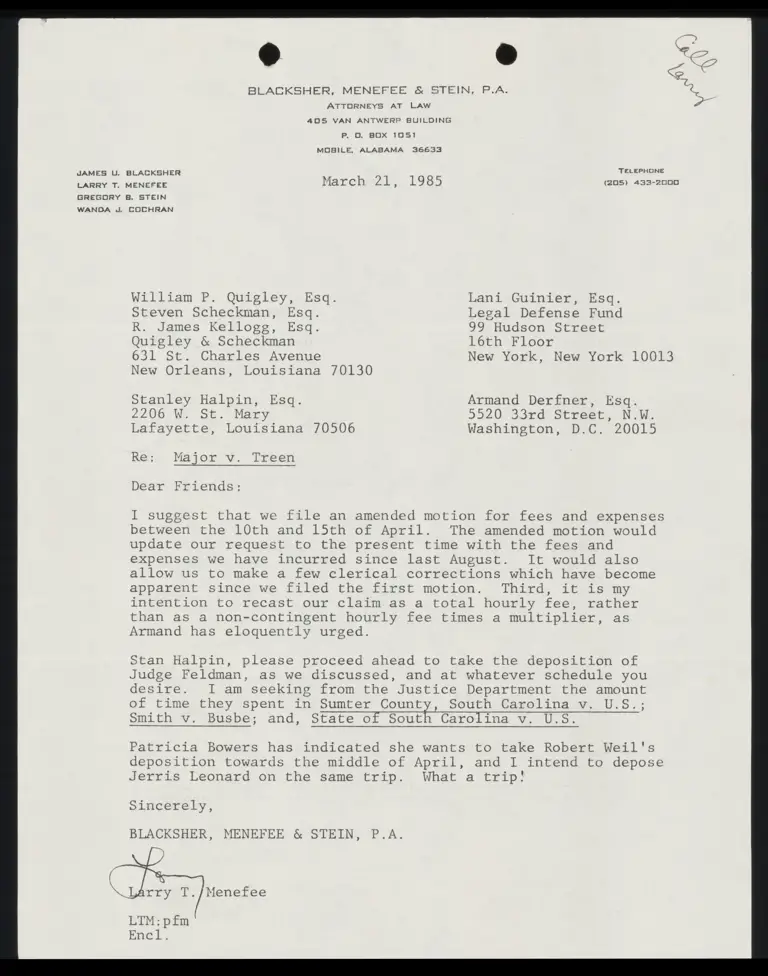 Correspondence from Menefee to Quigley, Halpin, Guinier, and Derfner; from Menefee to Bowers preview