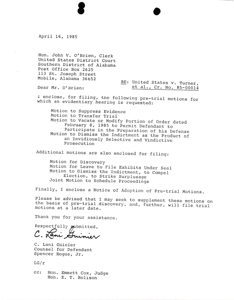 Correspondence from Lani Guinier to John V. O'Brien (Clerk) Re: United States v. Turner preview