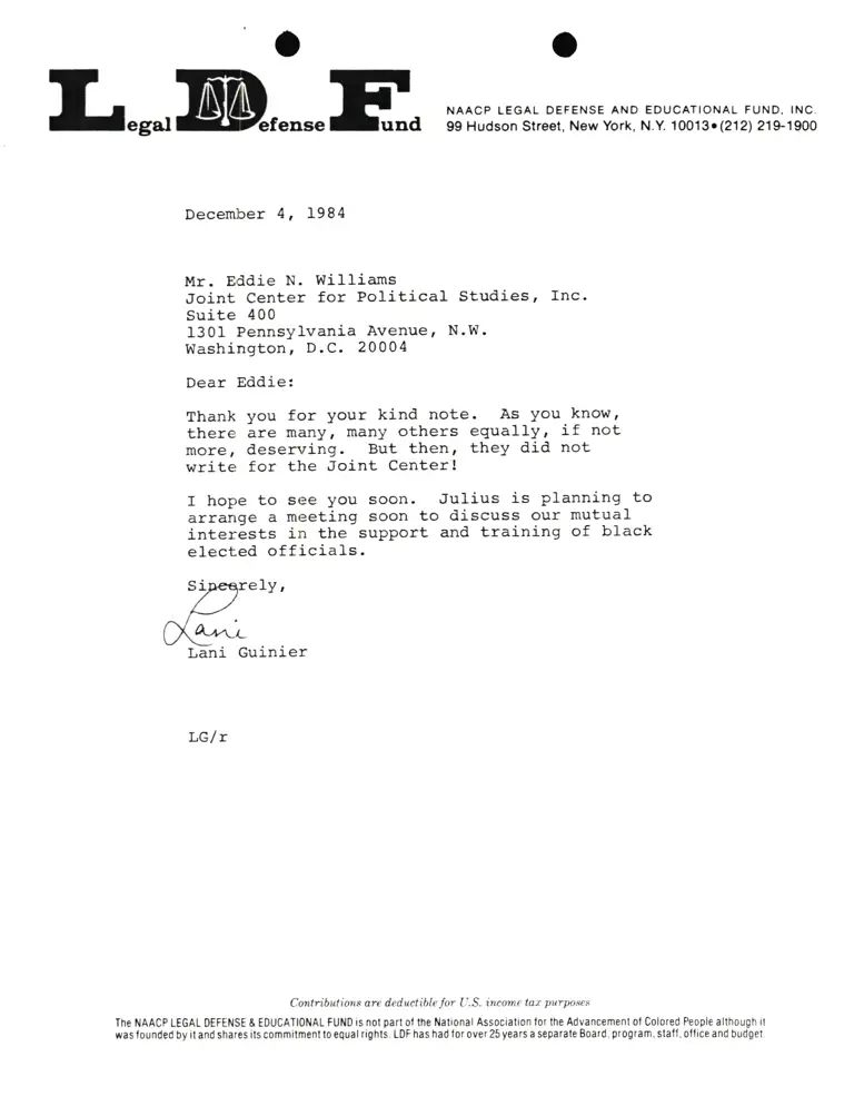 Letter from Lani Guinier to Eddie N. Williams preview
