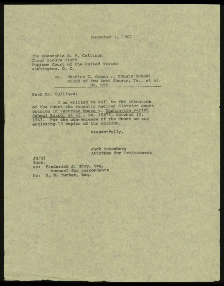 Letter from Greenberg to Judge Cullinan RE: Decision in Moses v. Washington Parish School Board preview