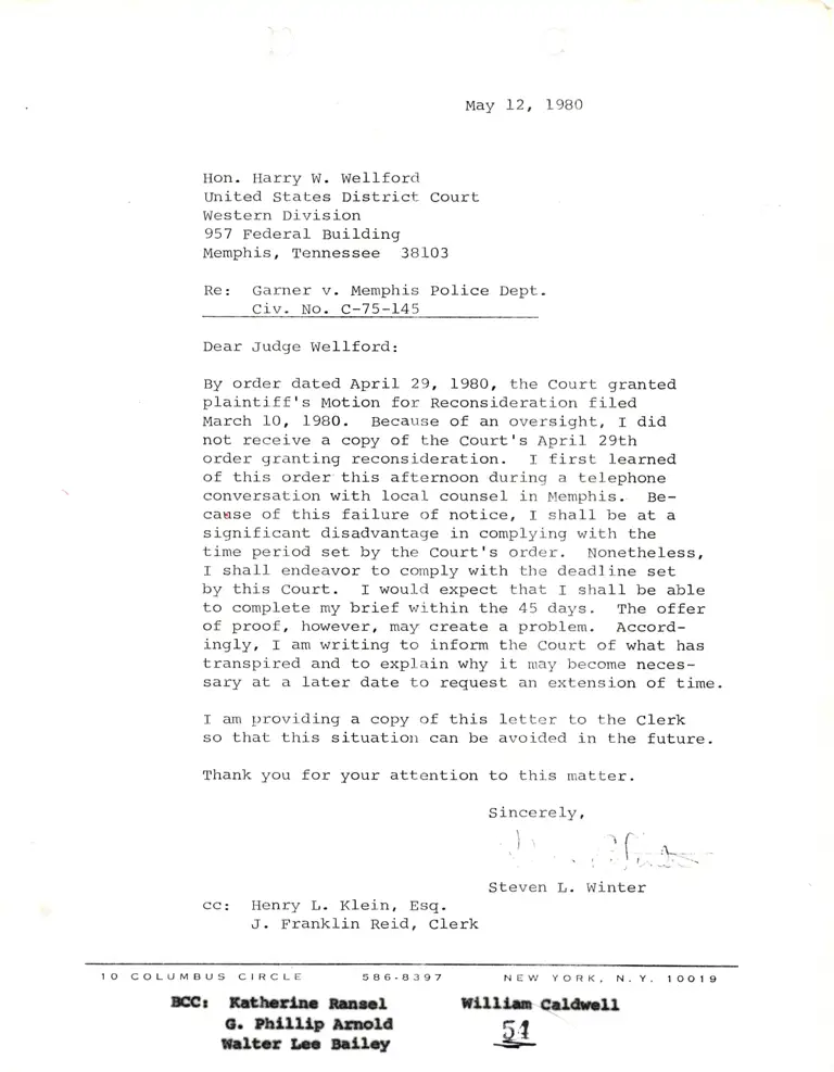 Correspondence from Winter to Judge Wellford Re: Motion for Reconsideration preview