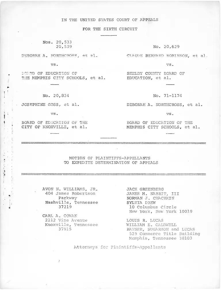 Northcross v. Memphis City Schools Board of Education Motion of Plaintiffs-Appellants to Expedite Determination of Appeals preview