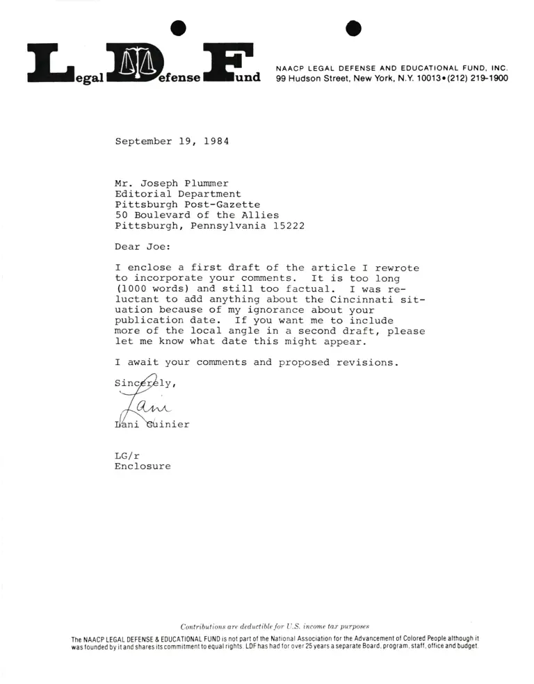 Letter from Lani Guinier to Joseph Plummer RE Draft of article preview