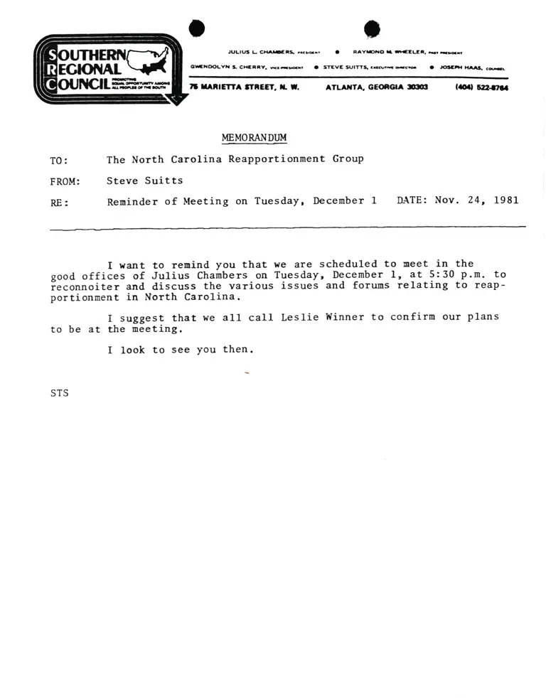 Memorandum from Suitts to North Carolina Reapportionment Group preview