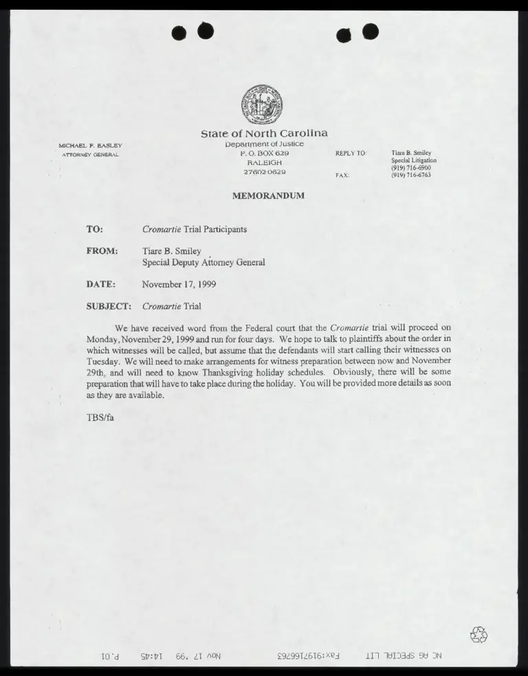 Fax from Smiley to Cromartie Trial Participants RE: Trial Date and Witness Preparation preview