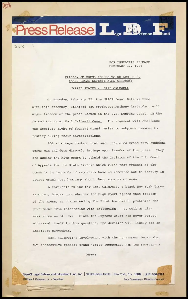 Freedom of Press Issues to be Argued by NAACP Legal Defense Fund Attorney - United States v. Earl Caldwell preview