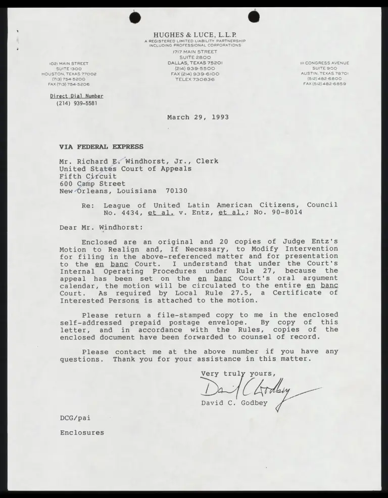 Correspondence from Godbey to Clerk; Motion to Realign and to Modify Intervention of Defendant-Appellant Entz; Godbey Affidavit preview