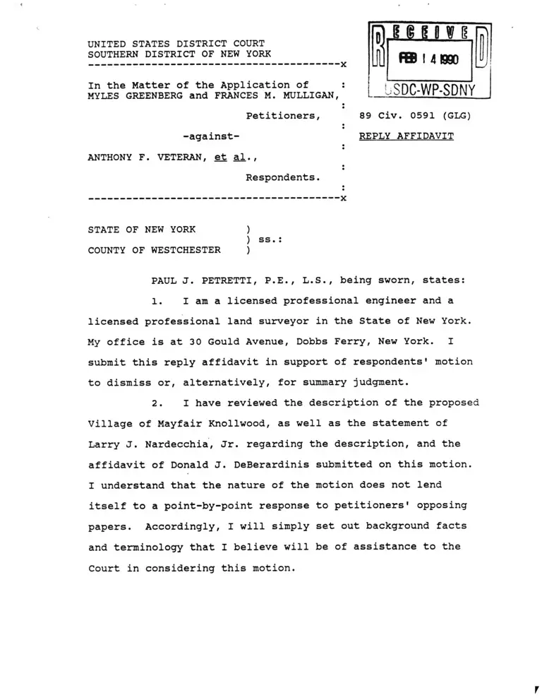 Greenberg v. Veteran Reply Affidavit preview