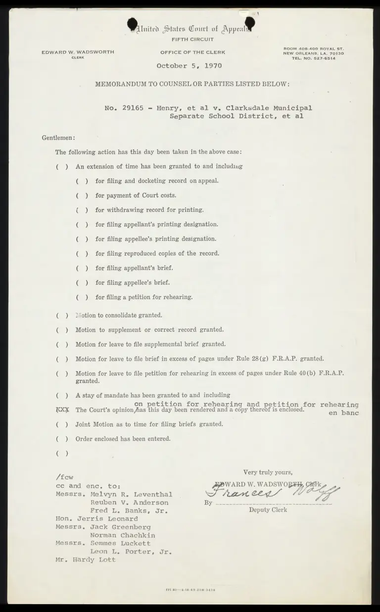 Memorandum from Clerk to Counsel Re: Filing of Opinion preview