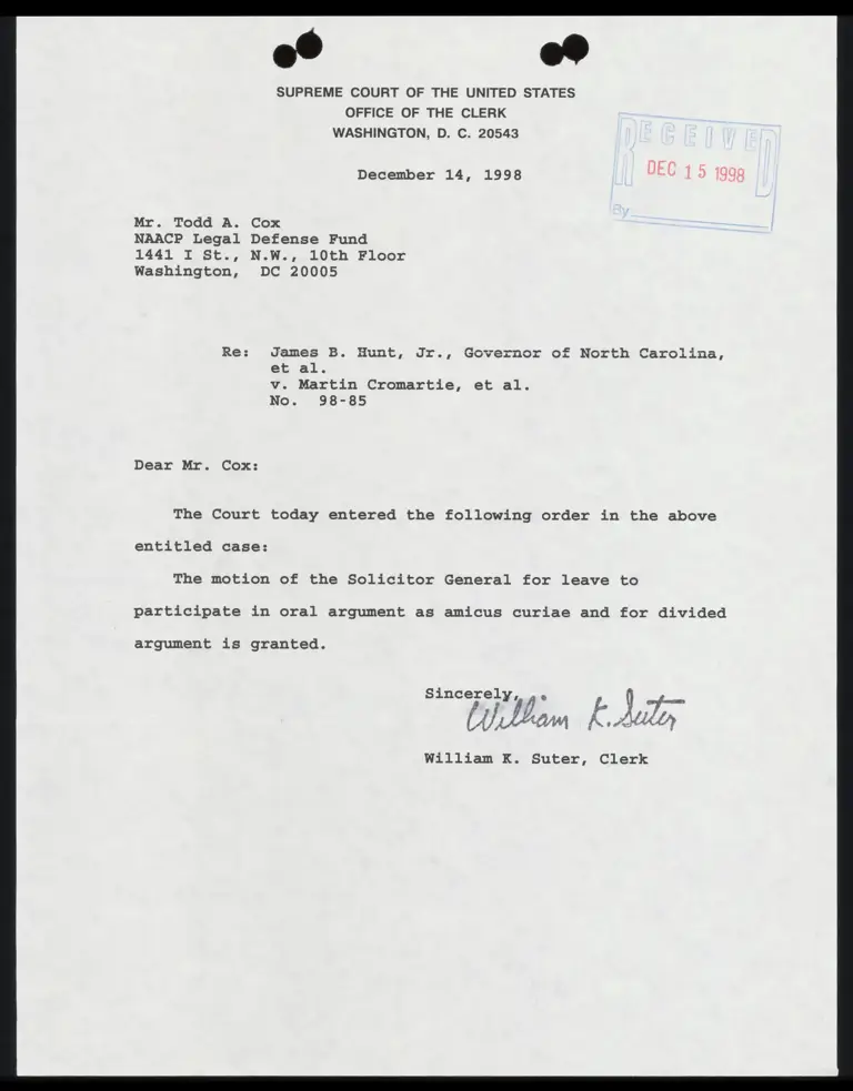 Letter from Court to Cox RE: Supreme Court Order preview