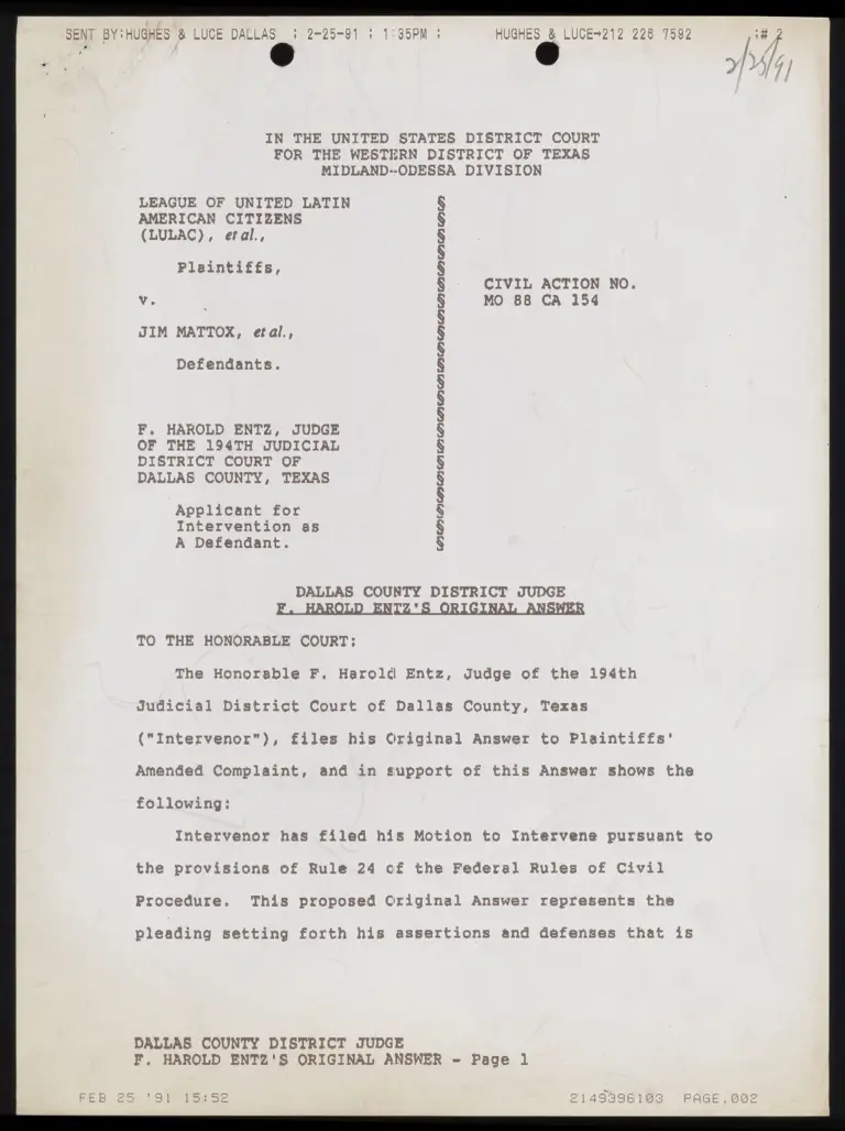 Dallas County Judge Entz's Original Answer preview