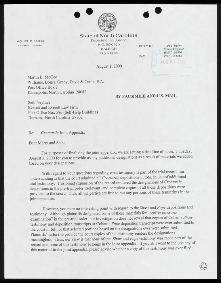 Correspondence from Smiley to McGee and Neyhart Re: Joint Appendix preview