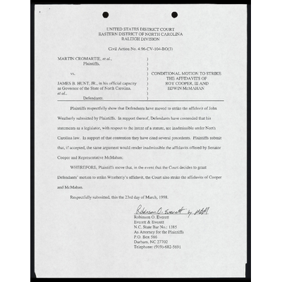 Conditional Motion to Strike the Affidavits of Roy Cooper and Edwin McMahan with Certificate of Service preview